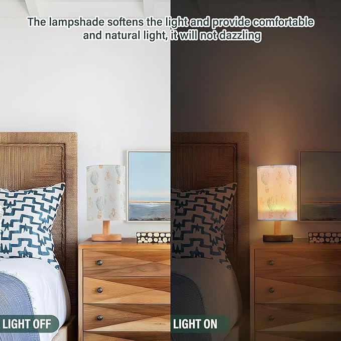 Table Lamp Watercolor Hot Air Balloon Elephant Rabbit Bear Mouse Moon Star Nightstand Lamp with Wood Base Fabric Lamp Shade Bedside Desk Lamp for Living Room Bedroom Kids Room Office