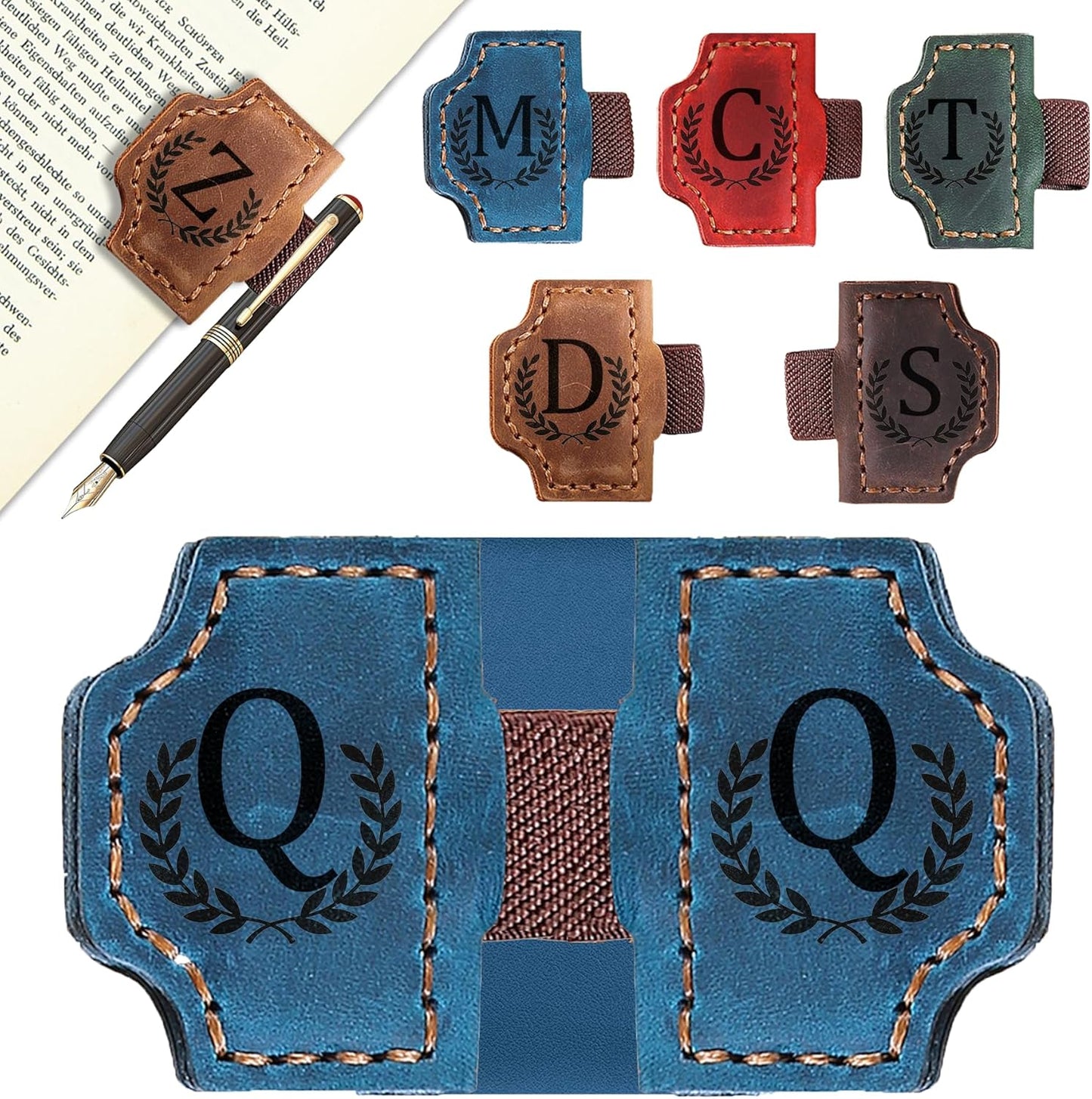 Bygone Mark Bookmark with Pen Holder, 26 Letters Name Initial Personalized Magnetic Bookmarks, Leather Book Mark for Men Women, Travelers Accessories, Teachers Readers Book Lovers Gifts (Blue, Q)