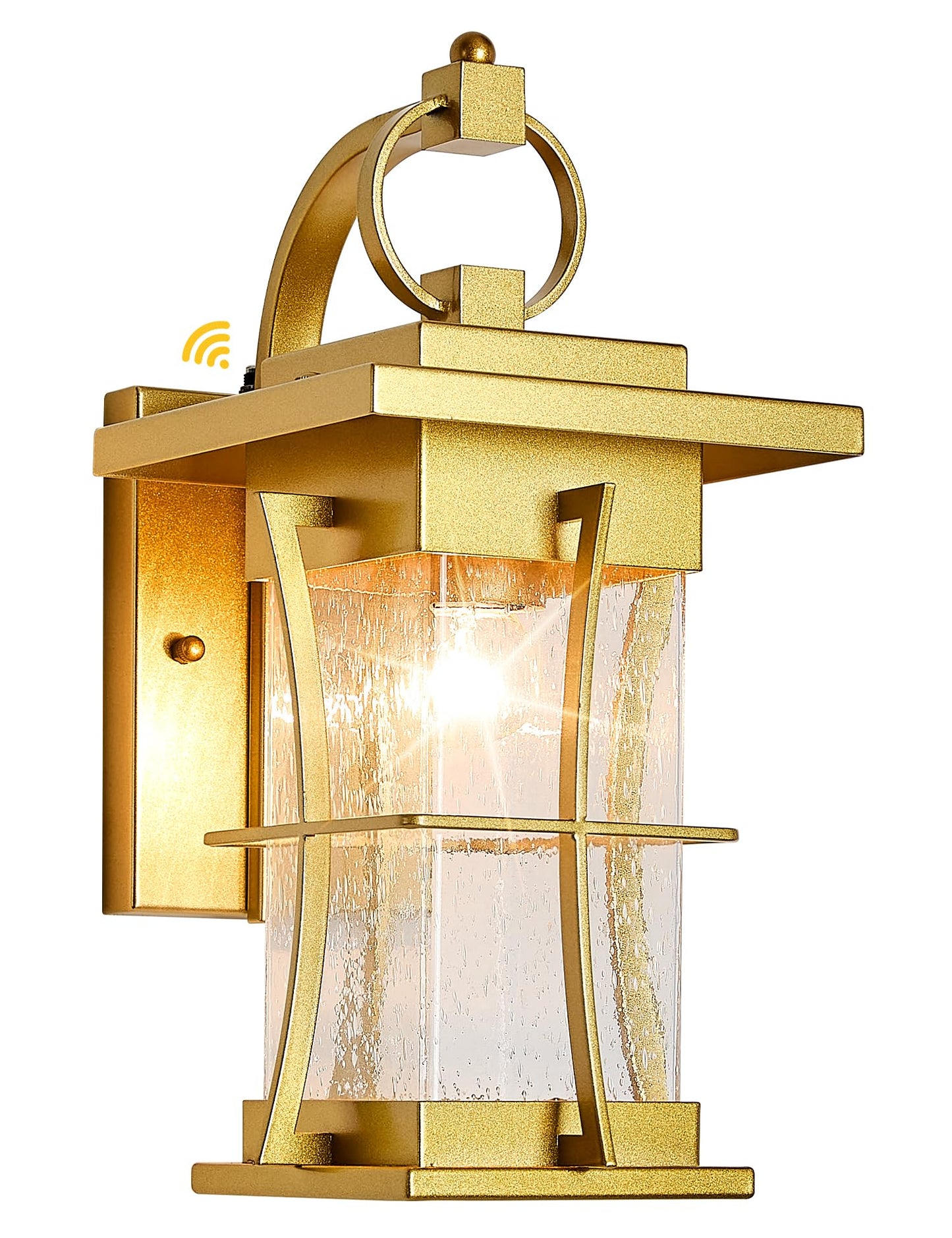 EERU Gold Outdoor Wall Lantern, Dusk to Dawn, Large, Waterproof, Metal, Photocell Sensor, Seeded Glass Sconce