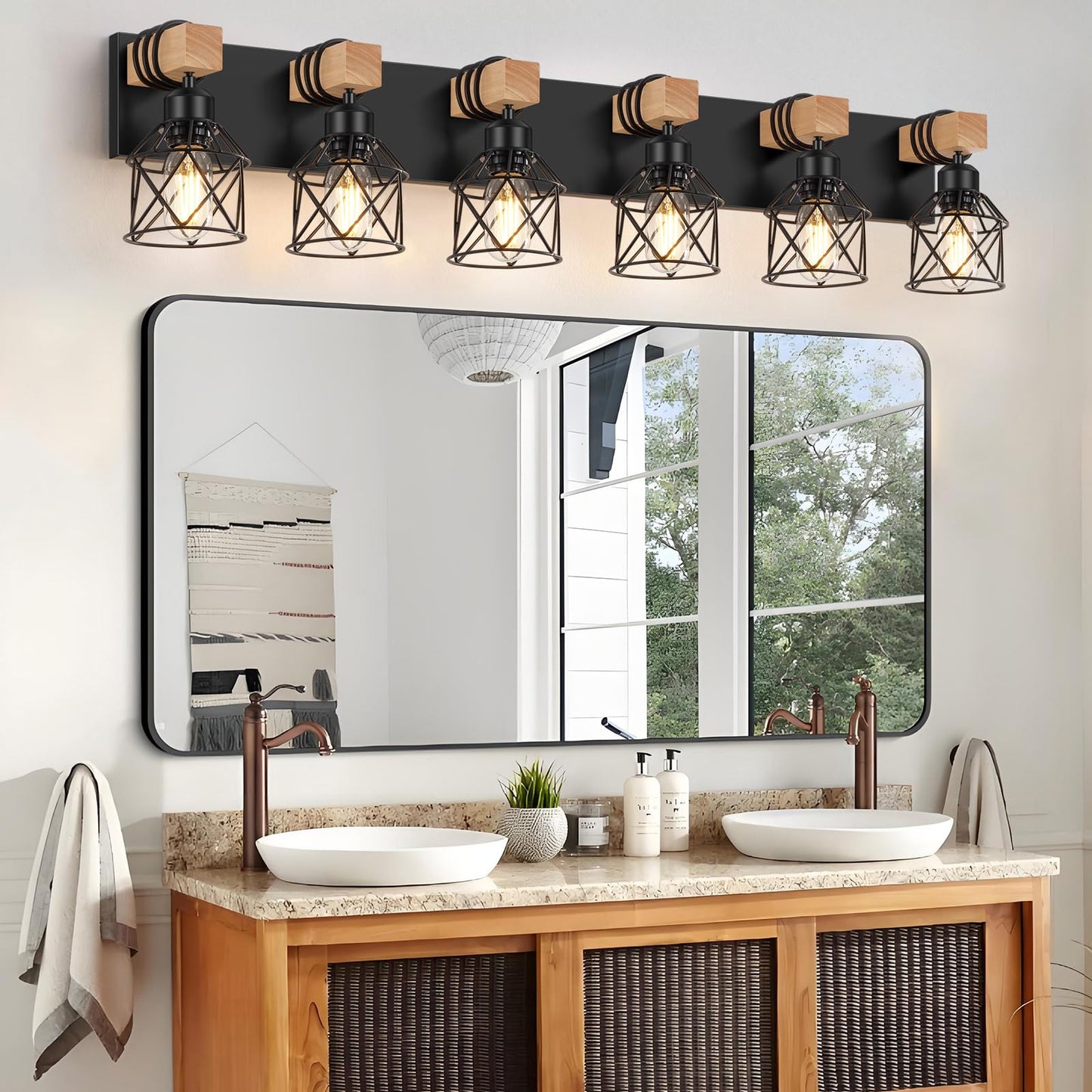 Fadimikoo 6-Light Farmhouse Bathroom Lighting Fixtures  Wood Black Vanity Lights Over Mirror  Rustic Wall Sconces Lighting With Metal Lampshade  Vintage Wall Lights For Bedroom  Living Room  Hallway