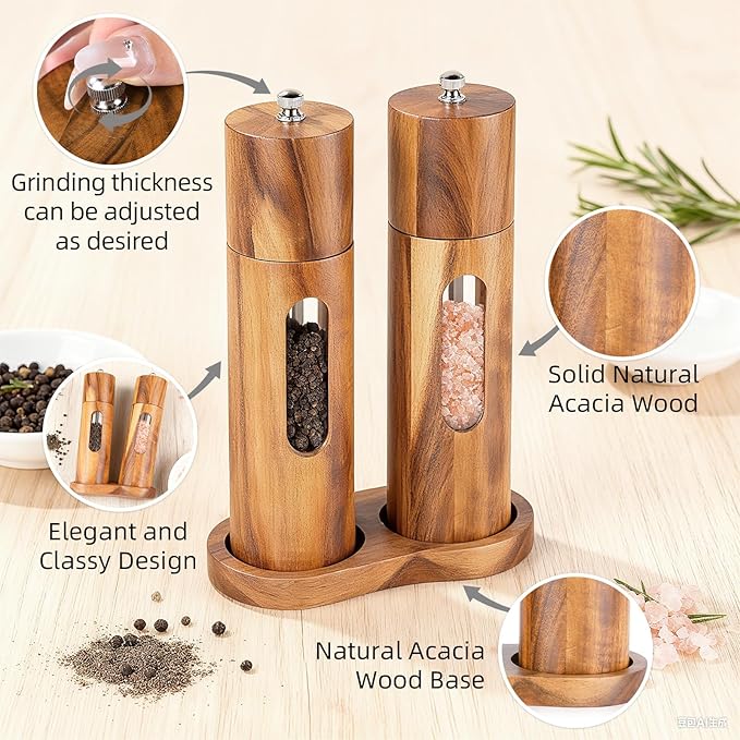 Acacia Wood Salt and Pepper Grinder Set with Base, Refillable Wooden Pepper & Salt Mill with Adjustable Ceramic Grinder for Kitchen & Dining
