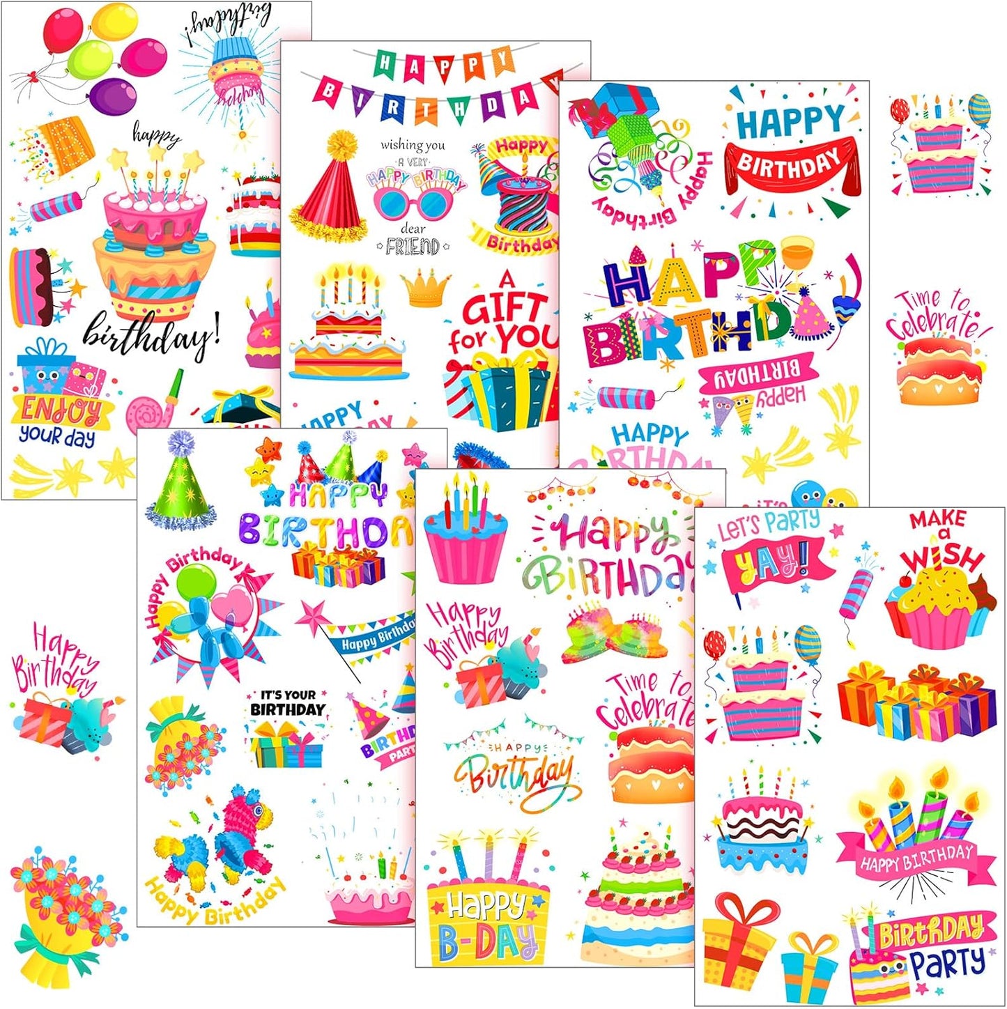 Containlol 6 Sheets Happy Birthday Stickers for Boys Girls Adults Adhesive Scrapbook Cards Stickers for Birthday Party Gift Wrap Home Classroom Decoration