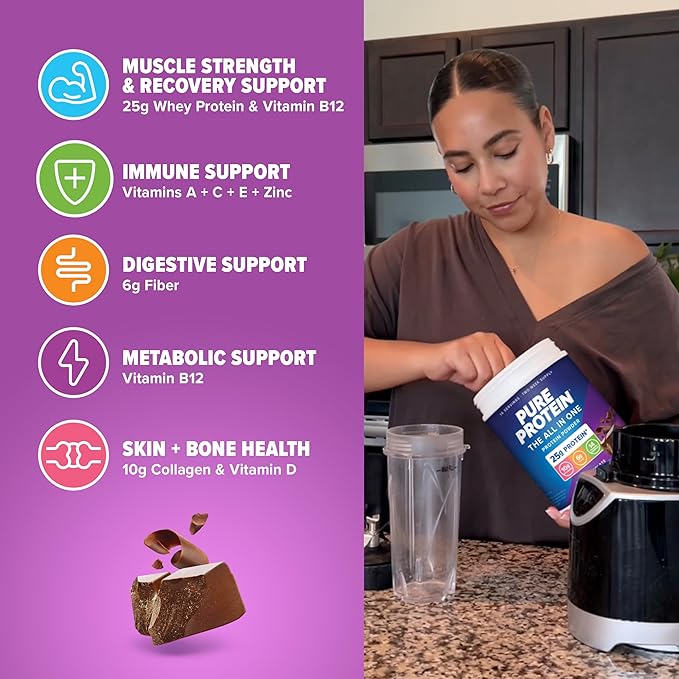 Pure Protein All-In-One Powder, Rich Chocolate - Whey & Collagen, High Fiber, Vitamins, No Added Sugar, Non-GMO, Gluten-Free, 1.25lb