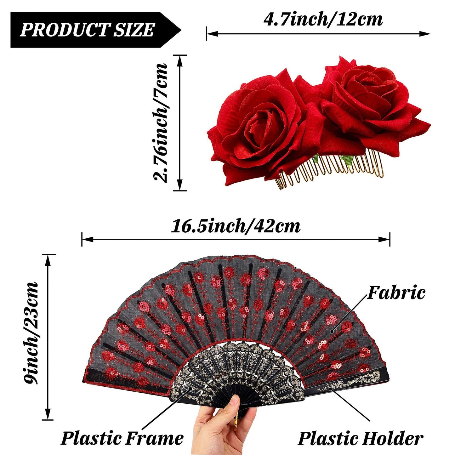 2 Pieces Women Rose Flower Hair Clip and Embroidered Sequins Fabric Handheld Folding Fan Mexican Hair Accessories for Flamenco D