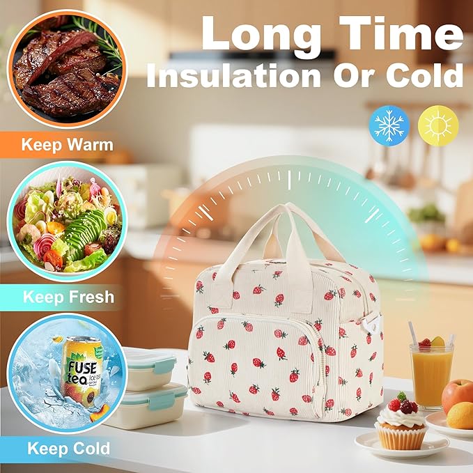 Large Lunch Bag for Women Strawberry Insulated Lunch Box Reusable Cooler Bag Portable Cute Corduroy Leakproof Tote Bags for Travel, Work, and Picnic