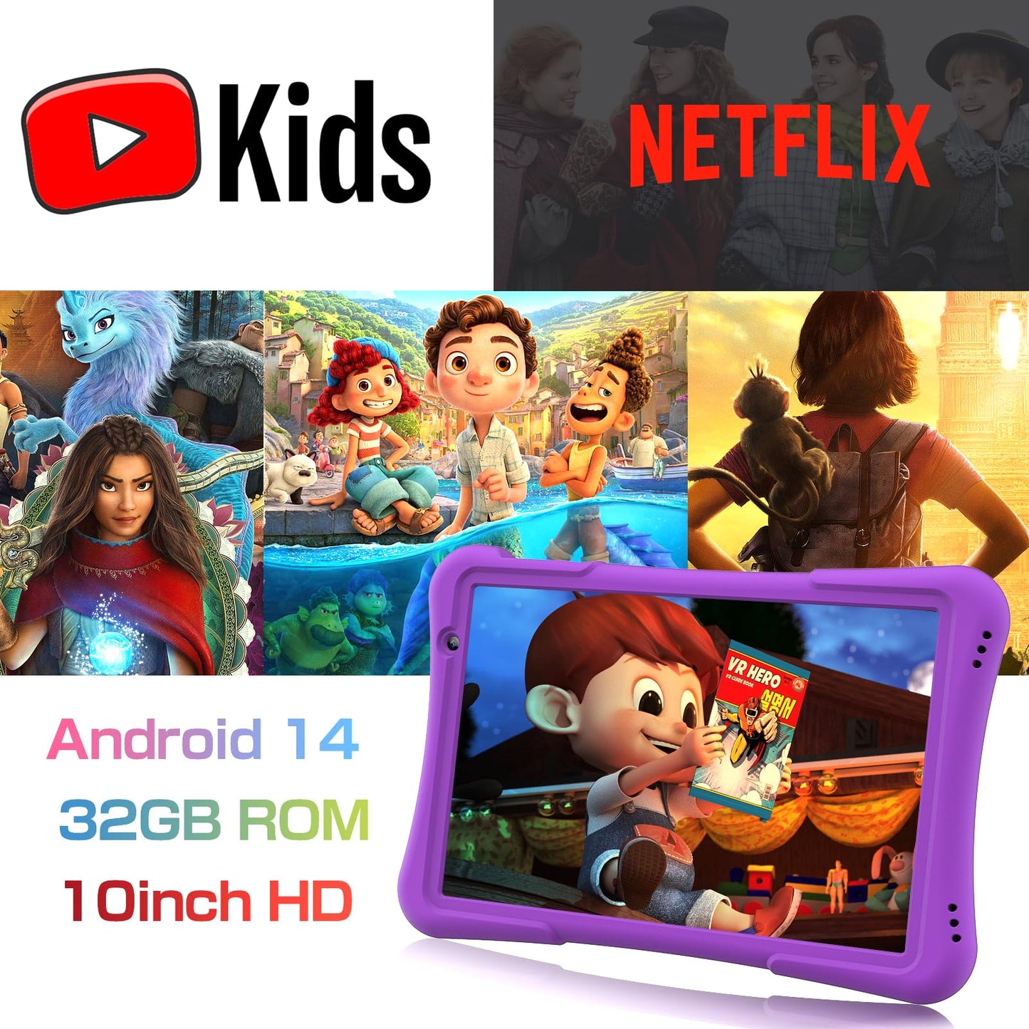 Pritom 10 Inch Kids Tablet Android 14 Tabletas 32Gb, Quad-Core, 6000Mah, Large Hd Ips Display, Wifi 6, Dual Camera, Bluetooth, T