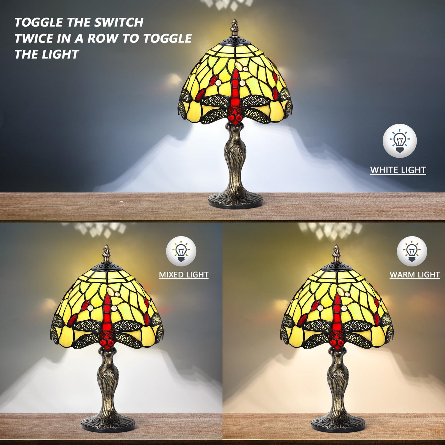 MIAOKE Stained Glass Table Lamp, Handmade Night Light, Pale White Dragonfly, Antique Style for Living Room and Bedroom