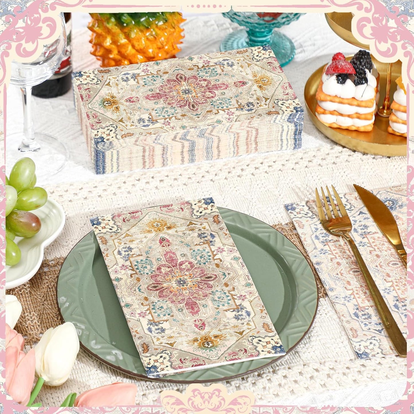 Yeaqee 100 Pcs Vintage Boho Napkins Paper Guest Towels 2 Ply Decoupage Napkins Disposable Decorative Hand Towel for Bathroom Kitchen Fall Wedding Party Dinner(Multicolor)