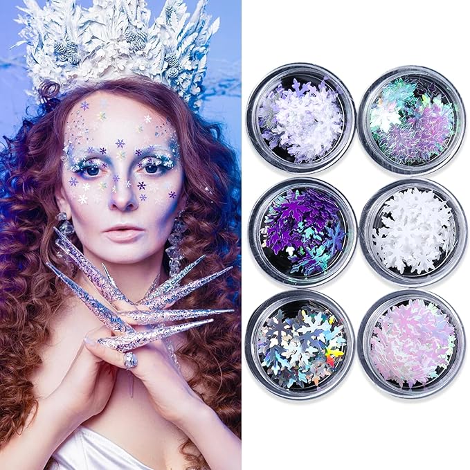 Snowflakes Glitter Sequins Makeup Face Stickers Winter Fairy Glitter Snowflakes Sequins Face Jewels Gems 6 Boxes 3D Laser ...
