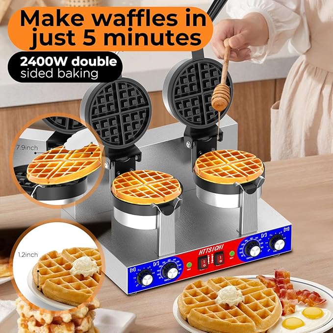 Commercial Belgain Waffle Maker - Rotating Double Waffle Maker w/Non-stick and 1.2 in Thick, Filp Belgian Waffle Machine w/ 122-572℉ Temp Range and Timer, Stainless Steel Waffle Iron, 2400W