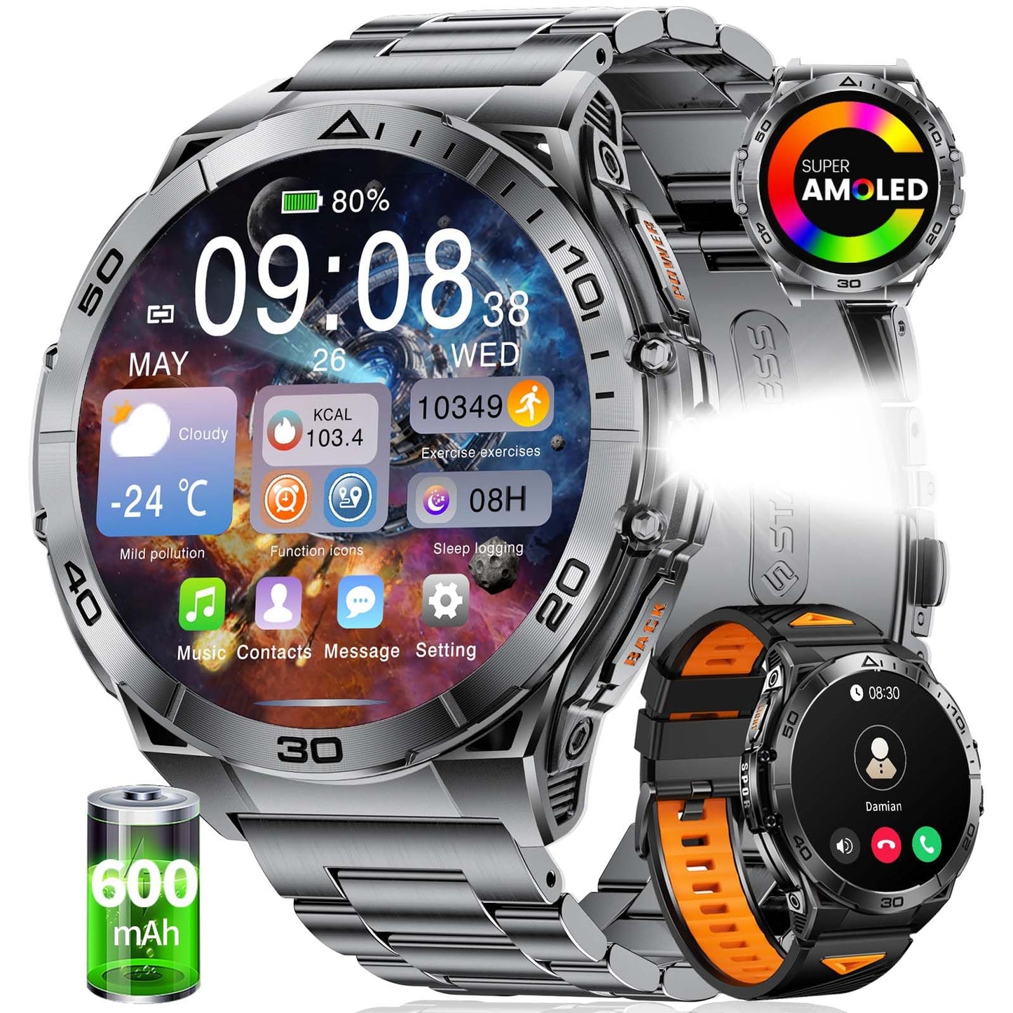 HIRREO EF16 Smart Watch for Men (Answer/Make Calls), 1.6" AMOLED HD Fitness Watches with LED Flashlight, 600mAh Battery/2 Straps/100+ Sports/IP68 Waterproof Smartwatch for Android iPhone Compatible