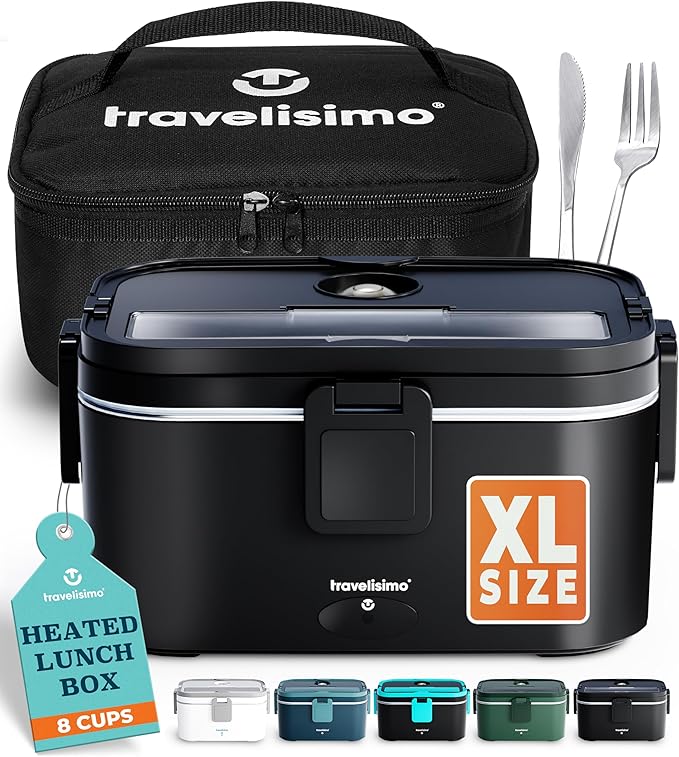 TRAVELISIMO Extra-Large Electric Lunch Box For Adults Holds up to 8 Cups - 80W Heated Lunch Box 1.8L Electric Food Warmers for Travel & Work, Portable Food Warmer - Loncheras Para Hombres De Trabajo