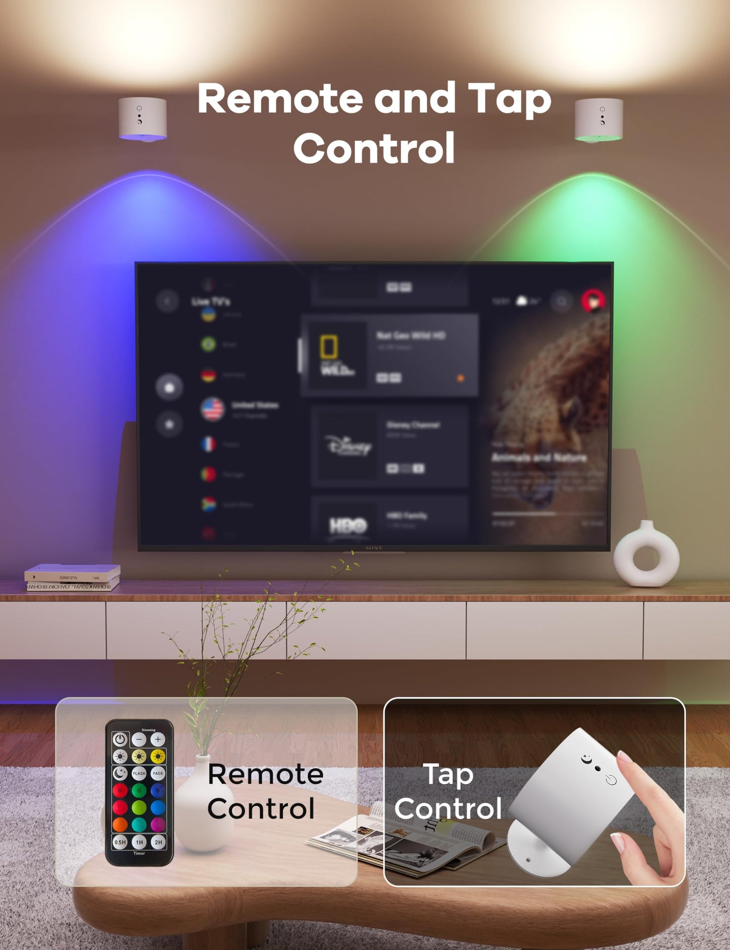 Joyzy Wall Light RGB LED Rechargeable Sconce, Battery Operated, Remote & Touch Control, 1 Pack, White/RGB, Model WL003