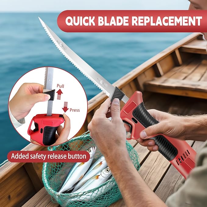 Electric Fillet Knife for Fish - Fillet Knife Kit Combo Non-Slip Handle with 4 Stainless Steel Blades Fishing Gift For Men (red)
