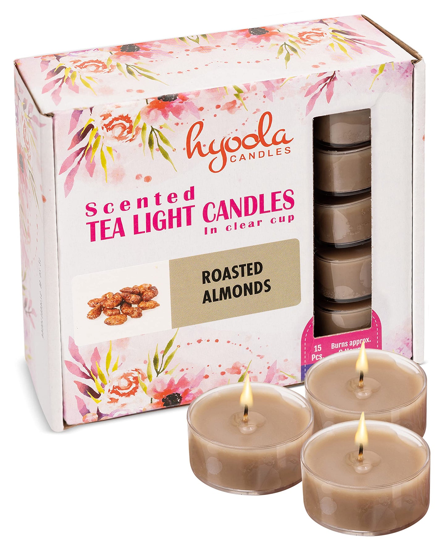 Hyoola Scented Tealight Candles - Roasted Almonds - 15 Pack - 6 Hour Burn Time - Clear Cup - Model H10213