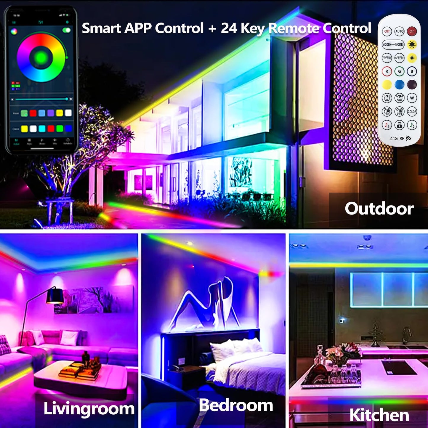 httpsmp 32.8FT IP68 Outdoor LED Strip Light, RGB Color, App/Remote Control, Music Sync, Waterproof, Model RGB-IC-IP68