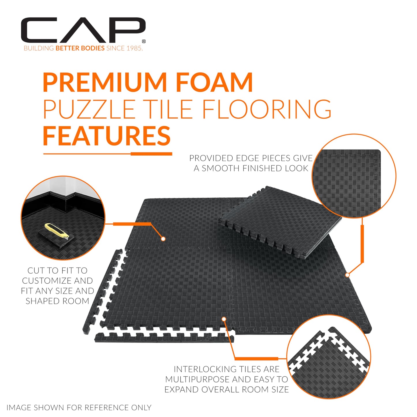 CAP Barbell 1/2-Inch Interlocking EVA Foam Exercise Puzzle Mat Home Gym Flooring - 1 Pack | 24" x 24" x 1/2" | Tatami Pattern - Black