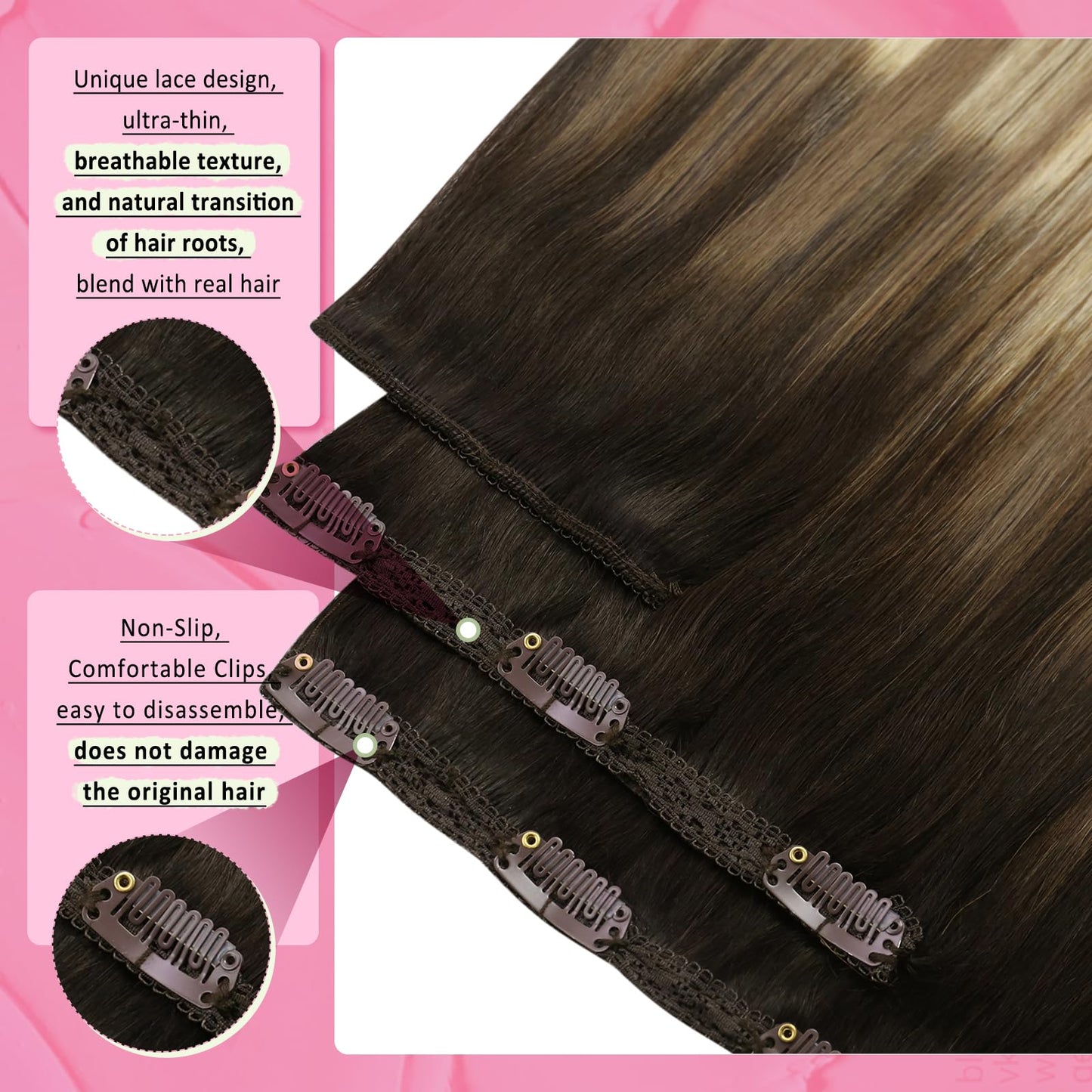 YoungSee Clip in Human Hair Extensions Balayage Clip in Hair Extensions Real Human Hair Dark Brown Roots Blending into Medium Br