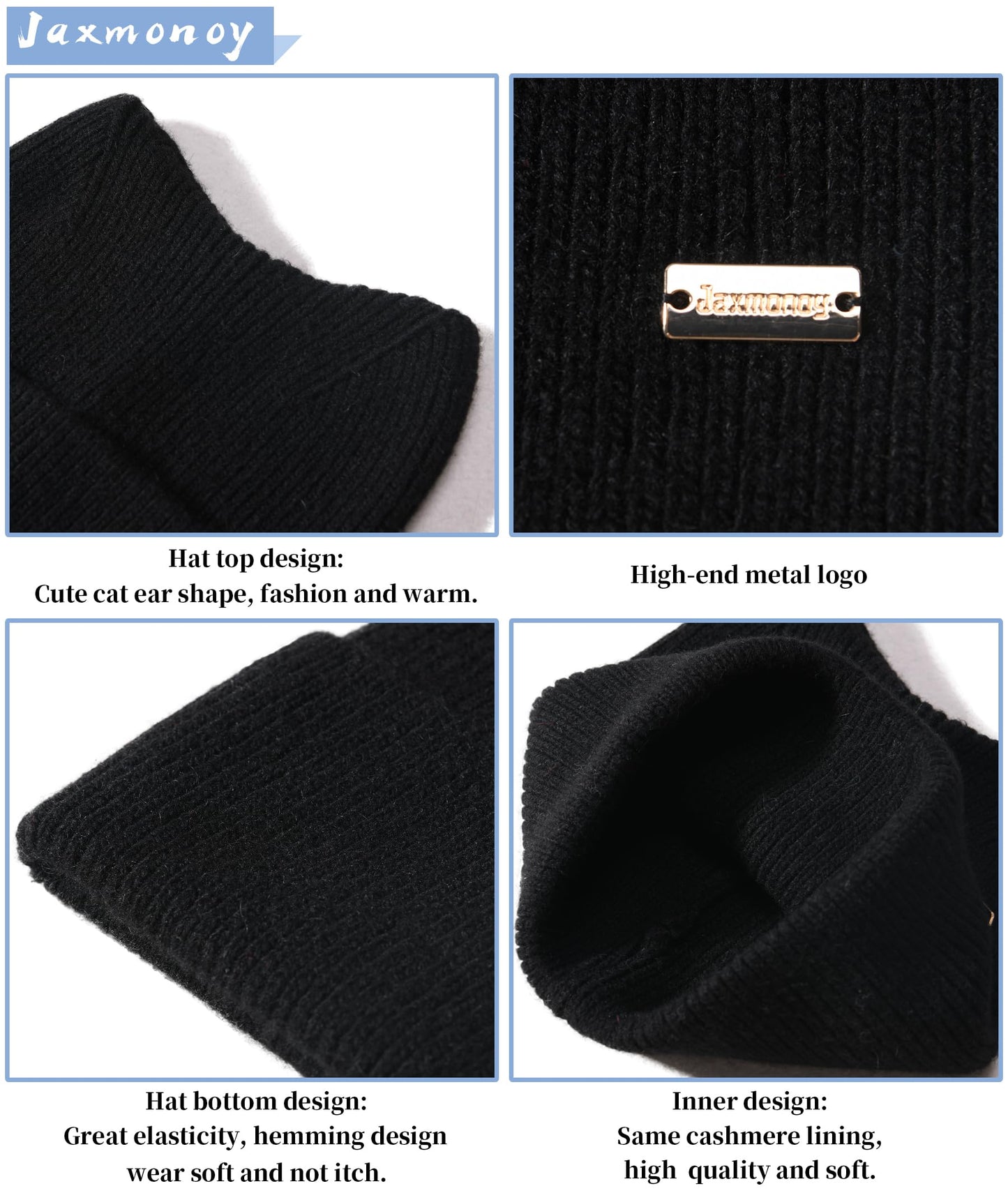 jaxmonoy Winter Cute Cat Ear Knitted Beanie Hats for Women and Men Soft Warm Knit hat Ladies Skull Beanies Cap - Black