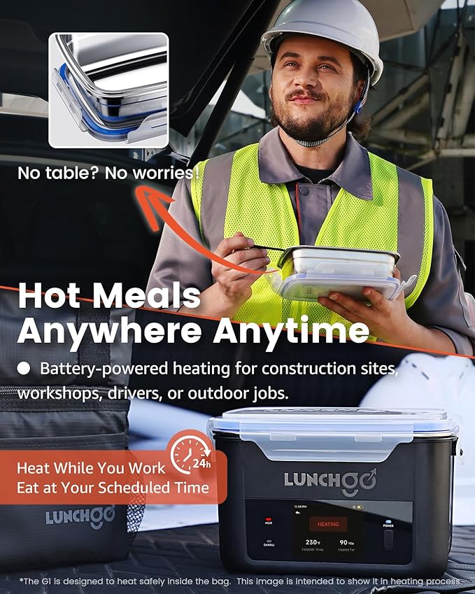 LUNCHGO® G1 Smart Electric Heated Lunch Box – Cordless, 5 Cups Capacity, 74 Wh Battery Powered, 250°F Max, Scheduled Heating, Perfect for Outdoor Work, On-The-Go Meals, 1-Year Warranty (Carbon Black)