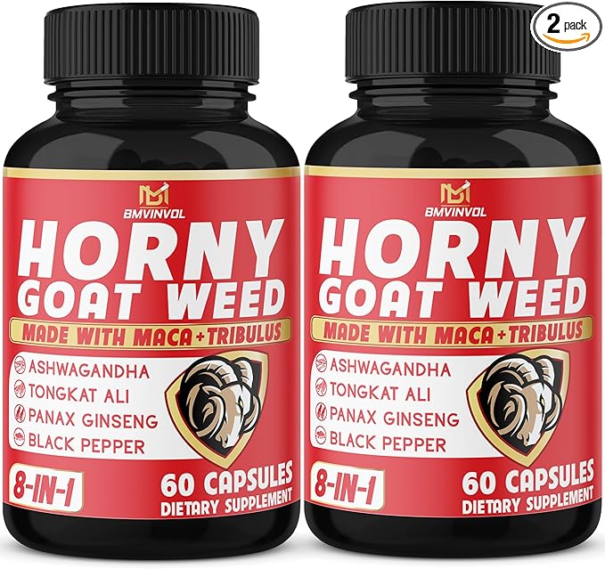 BMVINVOL (2 Packs) Horny Goat Weed Capsules with Maca, Tribulus, Ginseng. Ashwagandha,Tongkat Ali - 8-in-1 for Support Energy Levels