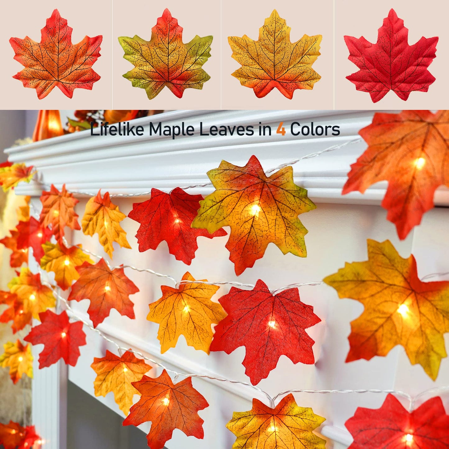 Runleo Maple Leaf Lights Garland, 40Ft, 80LED, Battery Operated, Orange, 4 Pack, Autumn Harvest Decor
