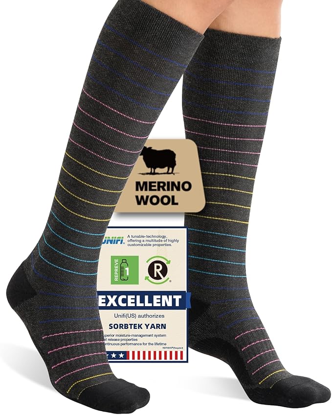 Iambamboo Merino Wool Compression Socks for Women Men, 15-20 mmHg Knee High Socks for Flying, Travel, Running