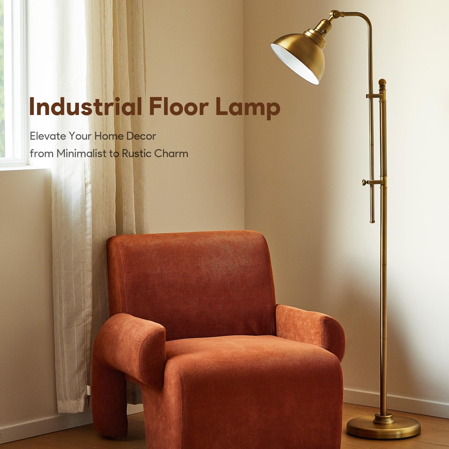 VONLUCE Industrial Brass Floor Lamp, Adjustable Height & Head, 65in, Metal, Model PTLN816GD