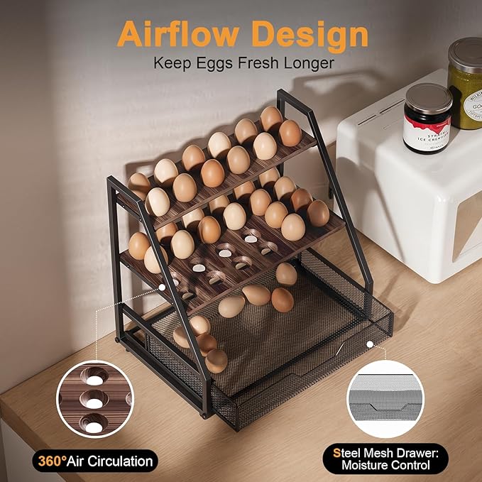 3-Tier Wooden Fresh Egg Holder Countertop With Basket for 36+90 Eggs, Wooden Egg Holder Countertop with Carry Handle for Gathering 100+ Eggs, Duck, and Quail Eggs