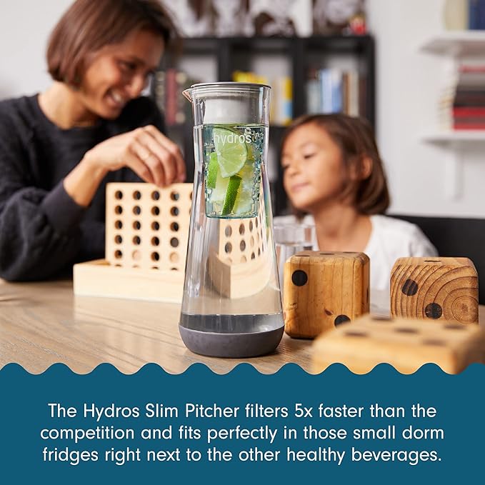 Hydros Water Filter Pitcher, 40 oz Slim Design, Patented Fast Flo Tech, Dishwasher Safe, Fills in Just 40 Seconds, BPA Free, 5 Cup Capacity, Blue