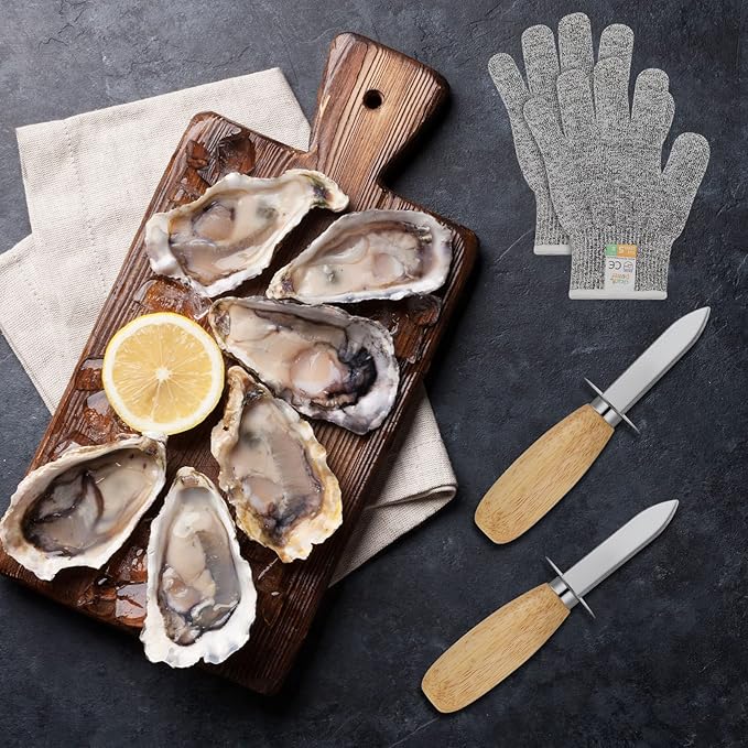 Tarpop 16 Pieces Oyster Shucking Knife Set 8 Stainless Steel Oyster Shuckers Bulk 8 Level 5 Protection Cut Resistant Gloves Seafood Opener Tool Kit for Clam Pearl Shell Shucking