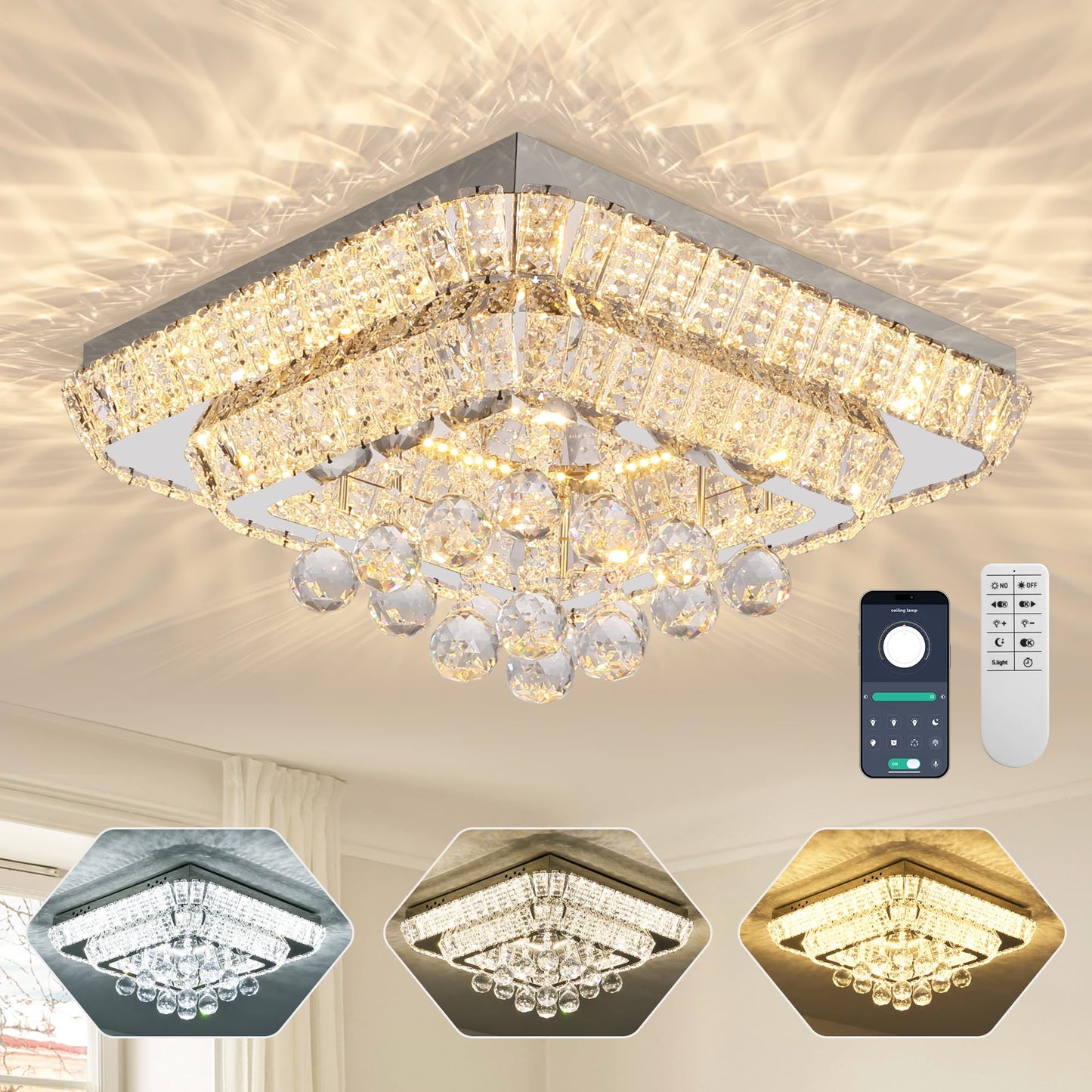 REDSTAR 18in Crystal Ceiling Light Flush Mount, Remote Control, 3 Color Temp, K9 Crystal, Stainless Steel, Silver, Model A228-18in-1