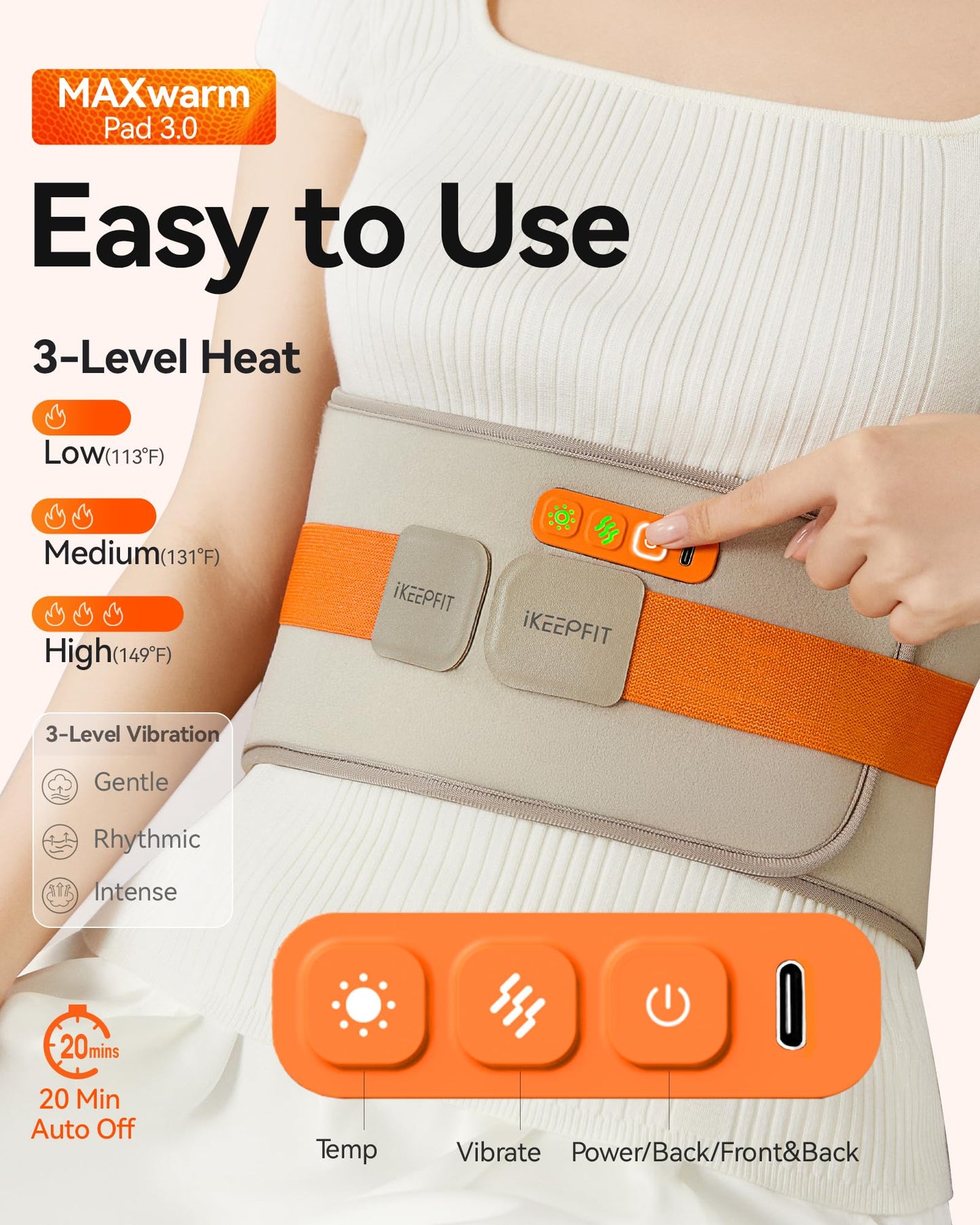IKEEPFIT Portable Heating Pad for Back, Cordless Wearable Heat Belt with Massager for Lower Back Pain Relief, Battery Powered 8000 mAh Rechargeable, MAXwarm® 3.0, Gift for Women Men 90-310 lbs