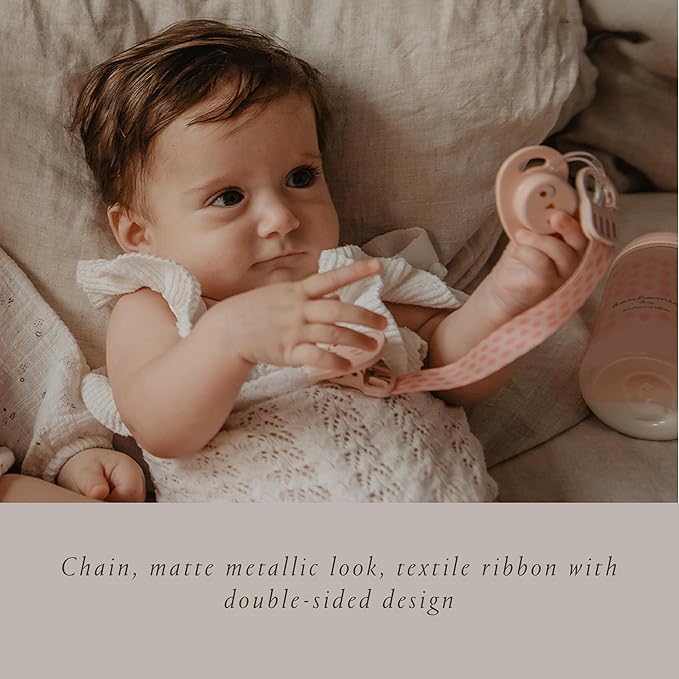Suavinex Bonhomia Premium Baby Pacifier Clip with Ribbon, Stylish Binky Clips with Double Sided Design, Baby Accessories, Baby Essentials (0mo+), Beige