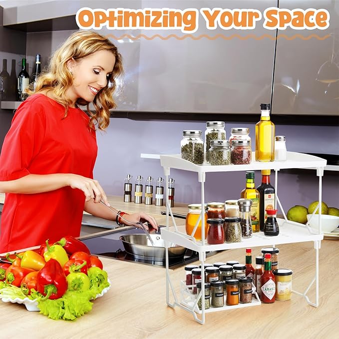 6 Pack Stackable Plastic Kitchen Storage Shelf Foldable Racks, Pantry Shelf Cabinet Organizers, Expandable Storage Rack for Cabinet Fridge Bathroom (12.4 X 7.6 x 6.3,White)