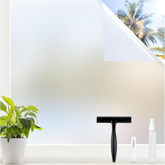 rabbitgoo Window Privacy Film for Glass Windows with Kit Decorative Clings UV Blocking Heat Control Static Cling Removable Bathroom Bedroom Door Home Coverings Pure, 23.6 x 157.4 inches
