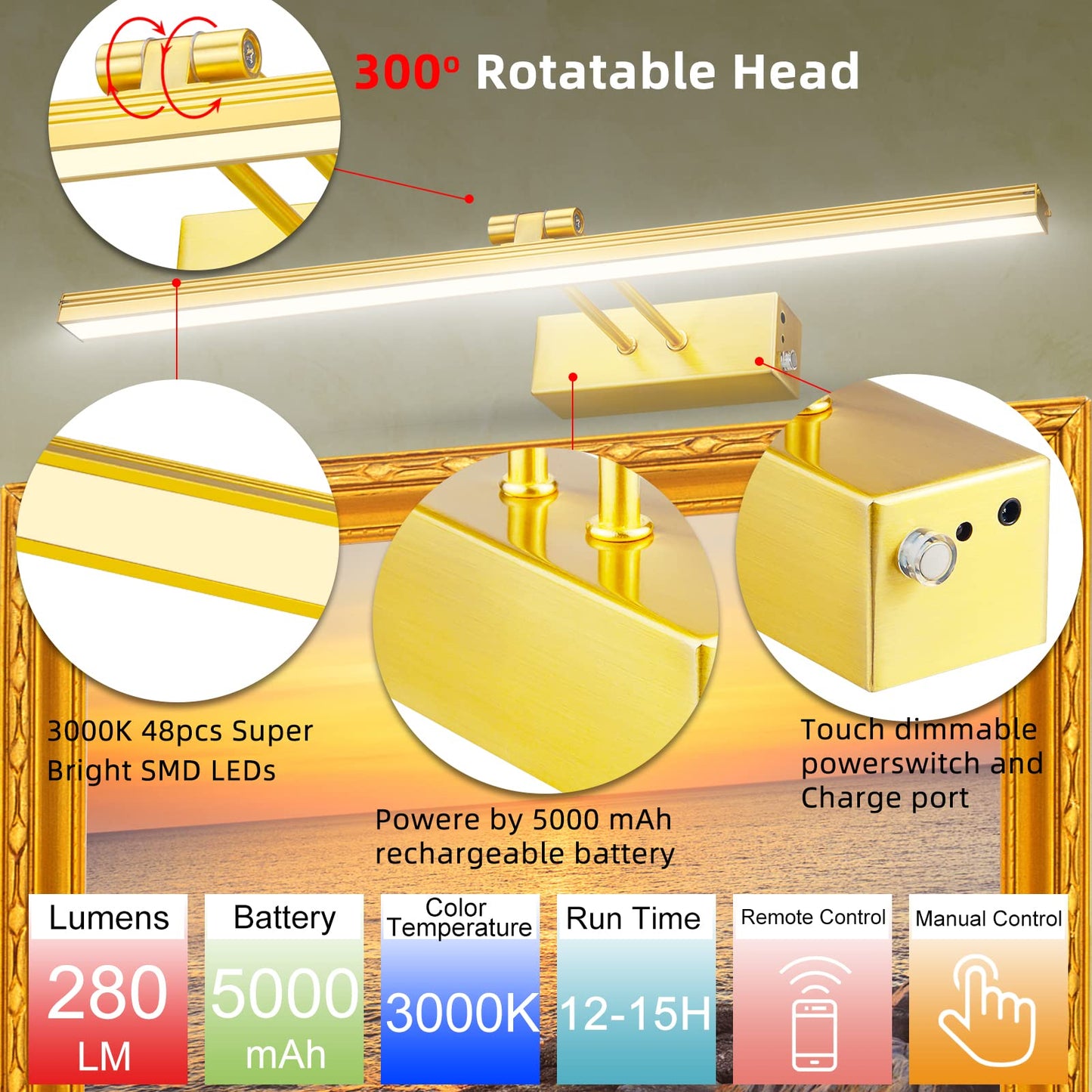 FUNCHDAY Picture Light, 20in Wireless Remote Art Light, Dimmable, Brass, Model FC70184