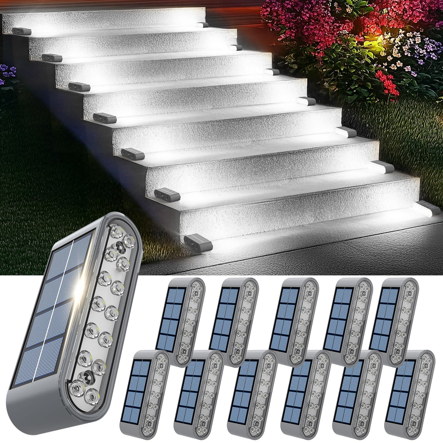Xillumi Core Solar Step Lights For Outside  12-Pack Stair Light Outdoor Waterproof Ip67  14 Led Cool White Light Solar Powered Lighting For Steps  Stairs  Deck  Patio  Walkway  Front Porch Decor