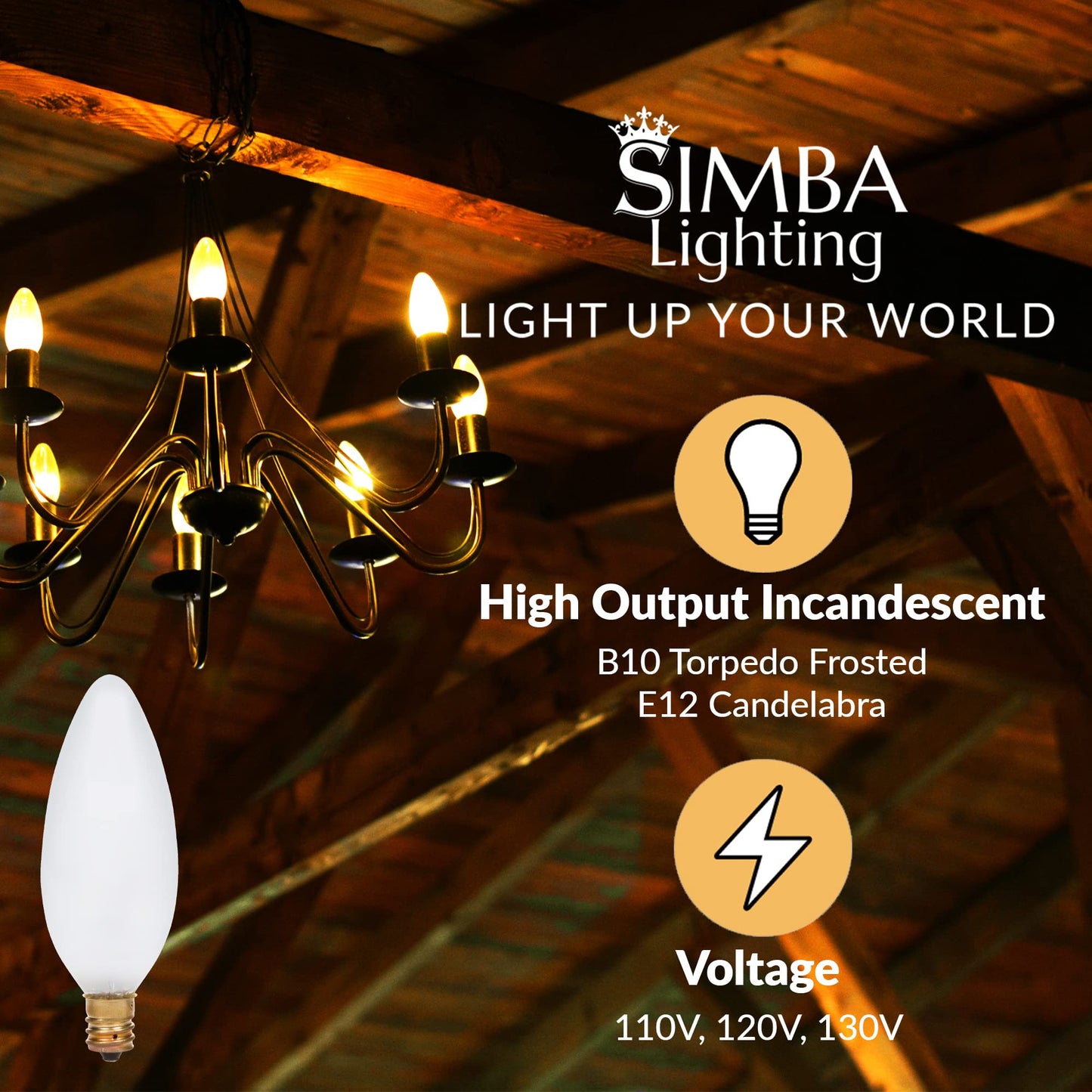 Simba Lighting Candelabra Torpedo Frosted B10 25W E12 Base (12 Pack) Decorative Incandescent Light Bulbs 120V For Chandeliers  Ceiling Fan Lights  Pendants  Wall Sconces  Dimmable  Warm White 2700K