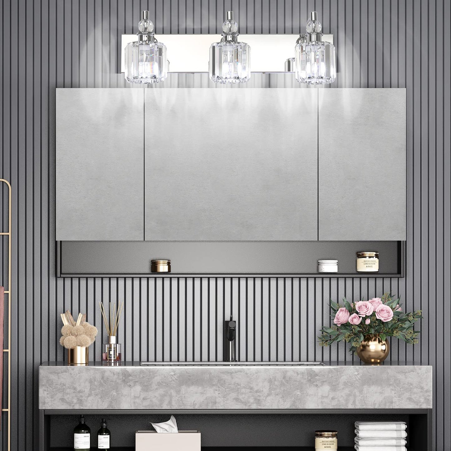 Ralbay 3-Light Crystal Vanity Light Fixtures, 24 Chrome Stainless Steel, Model 8605 For Modern Bathroom Wall Lighting
