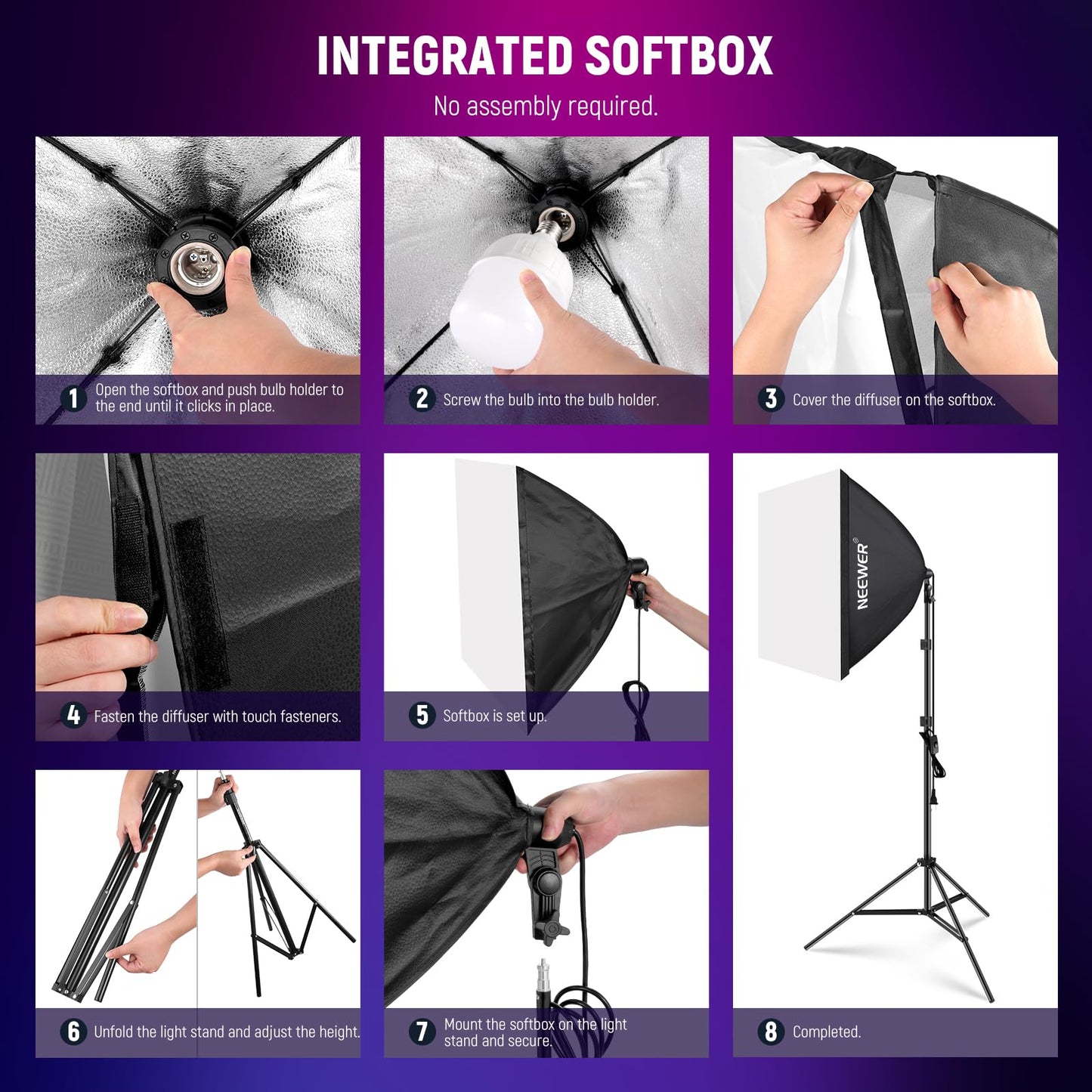 NEEWER RGB Softbox Lighting Kit with App Control & 9 Effect Modes, 2 Pack 26W FCC/IC/UL Certified LED Bulbs CRI93+ TLCI98+, E26 Porcelain Sockets, 24" Softboxes, for Studio Photography Lighting, NK800