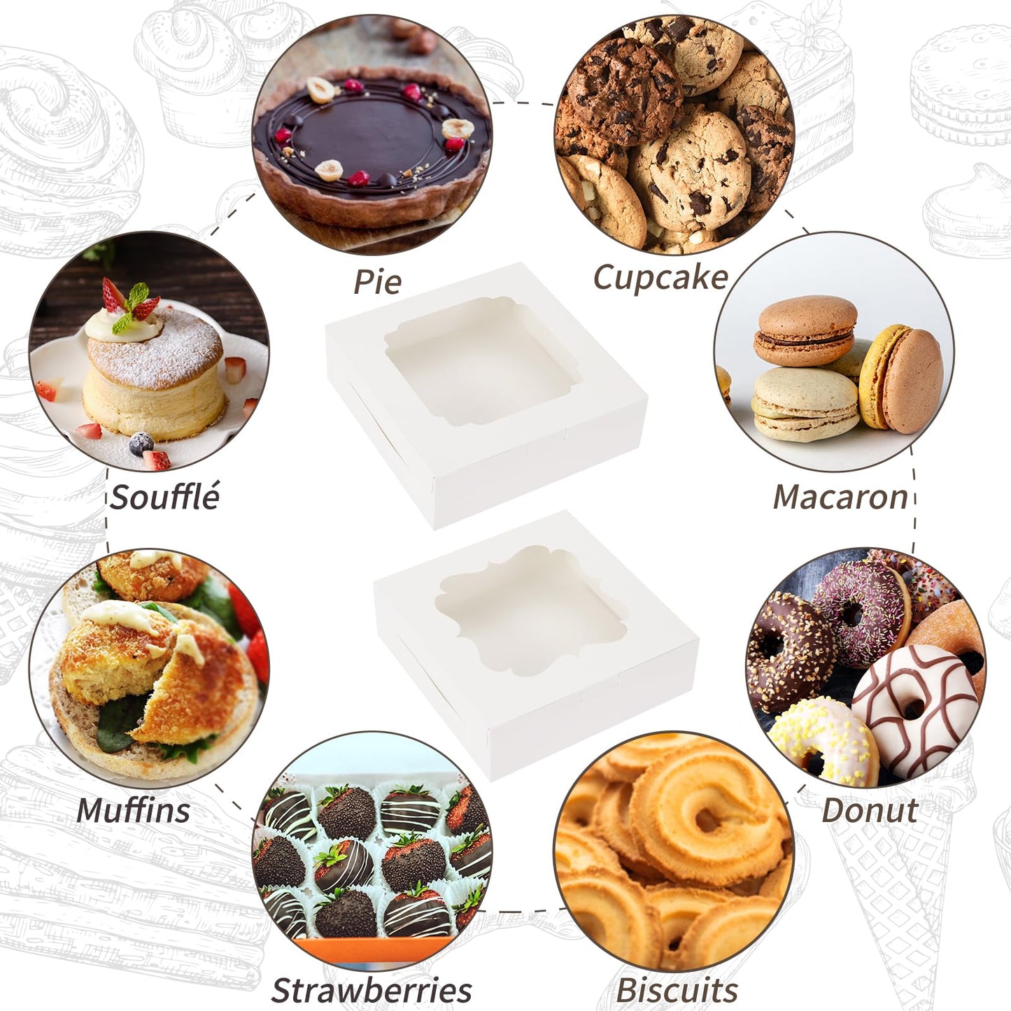 TOMNK 60pcs Cookie Boxes, 8x8x2.5 Inches Bakery Boxes with 2 Style Windows for Chocolate Strawberries, Pie, Pastry, Dessert, Cake