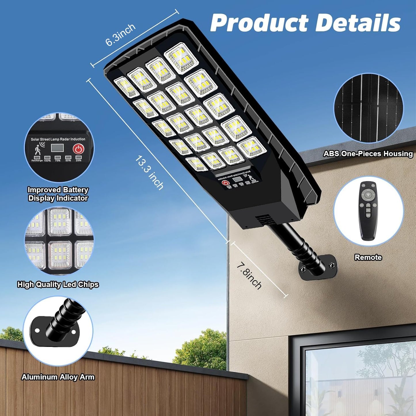 Yusist 2 Pack Solar Street Lights, 6500K 20000LM, Waterproof with Motion Sensor & Remote Control, Black, Model JX188-2