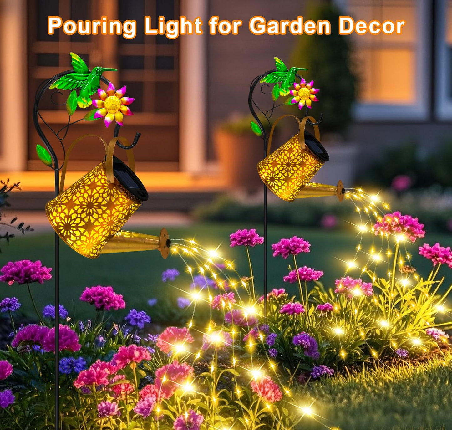 Solar Metal Watering Can With Hummingbrid Shepherd Hook And Cascading Lights - Outdoor Solar Lantern For Garden  Yard  Patio Decor And Gardening Gifts For Women MotherS Day
