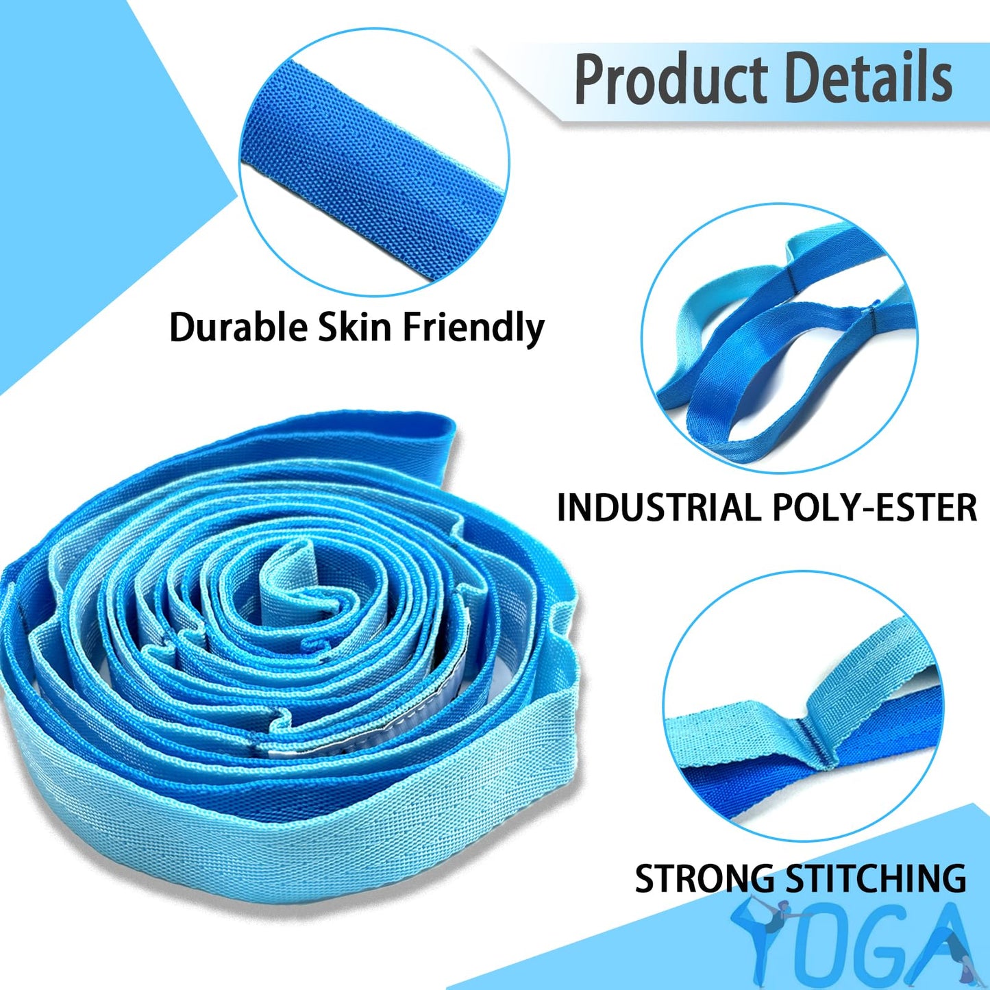 Stretching Strap Yoga Strap with Loops, Stretch Straps for Physical Therapy, Non-Elastic Exercise Strap for Pilates, Dance and Gymnastics with Workout Guide (Blue/Light Blue)