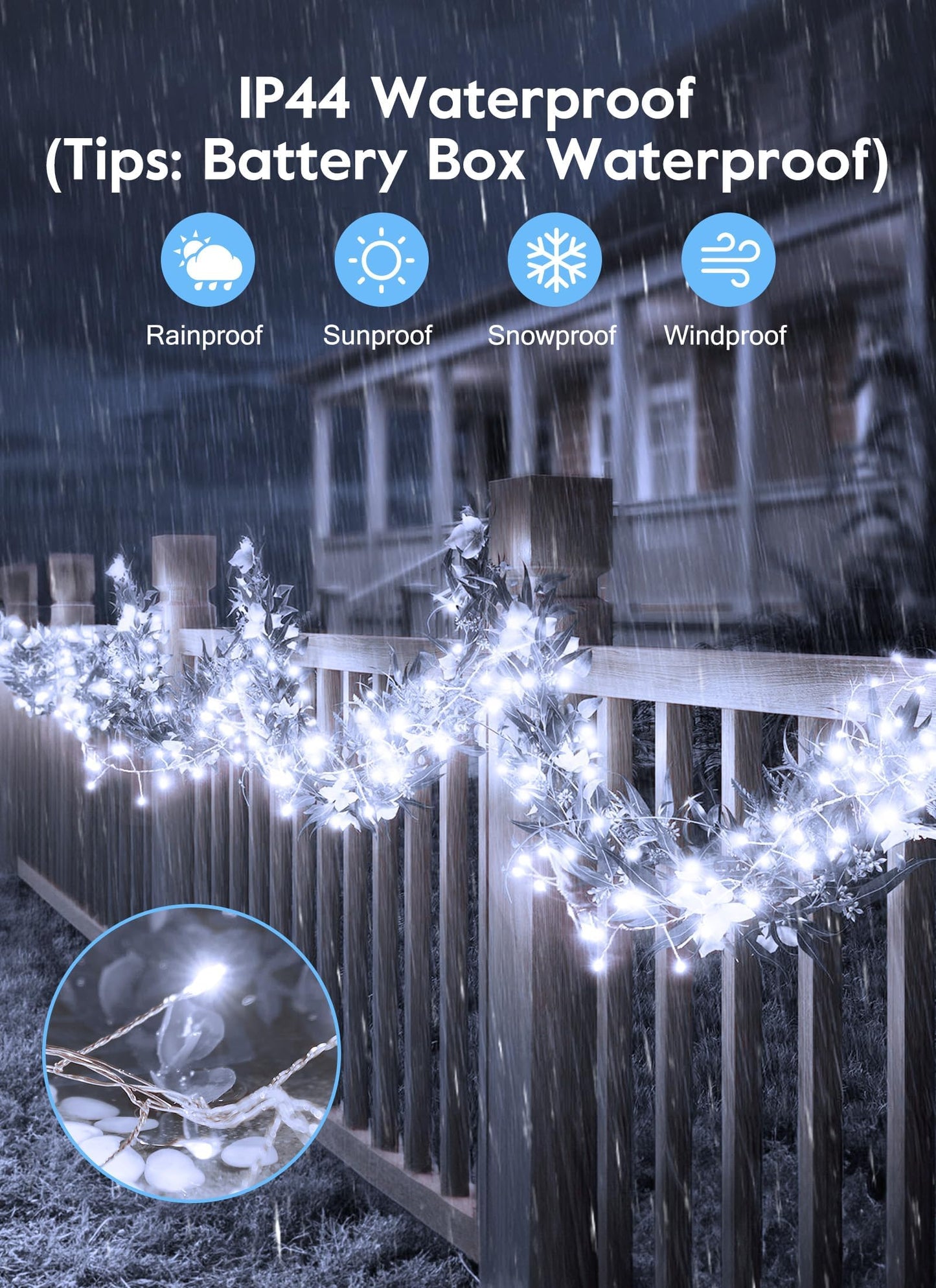Minetom Outdoor Fairy Lights, 2 Pack Twinkle String Lights, 5 Feet, 60 LEDs, Battery Operated, Pure White