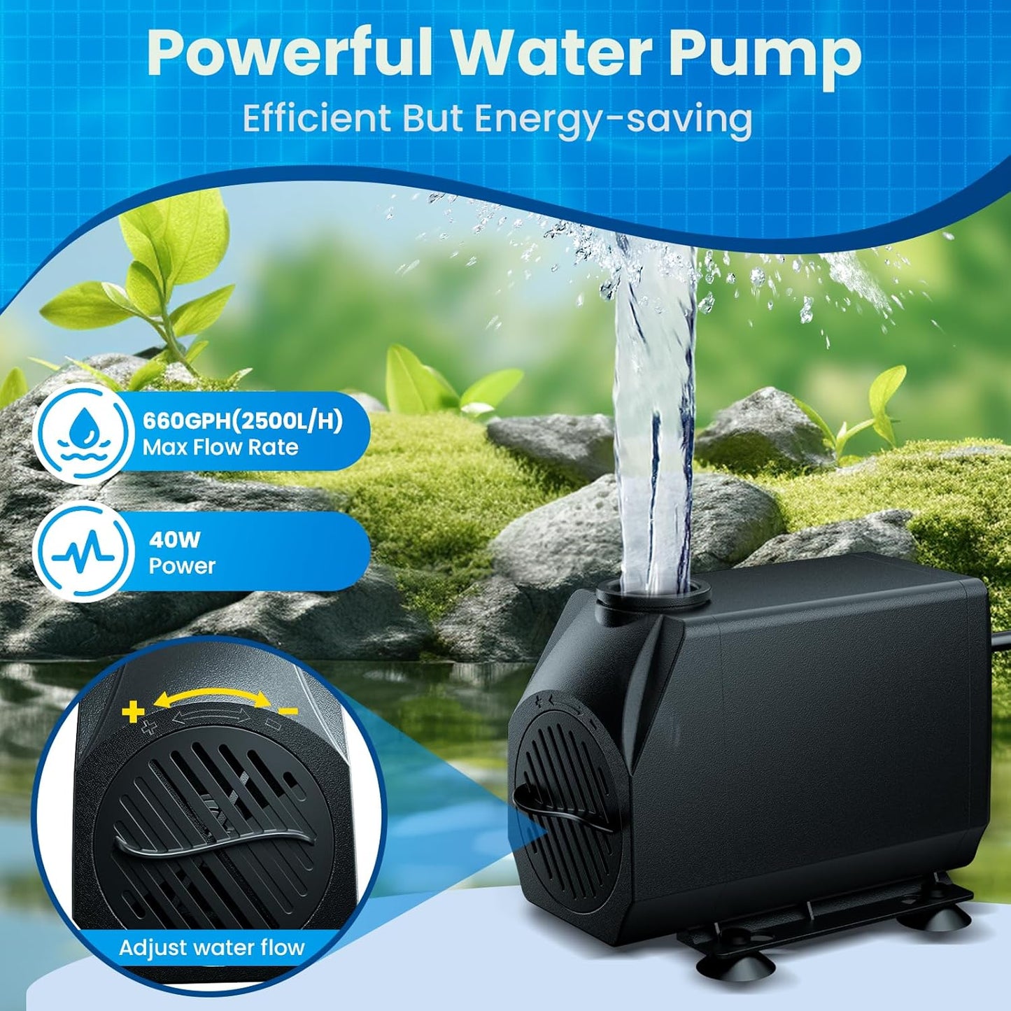 Biling 8" Pond Waterfall for Outdoor Ponds, Waterfall Spillway Pond Kit with 40W 660GPH Pump, Stainless Steel Waterfall Box and 9.8FT Corrugated Tubing for Water Garden, Ponds and Water Features