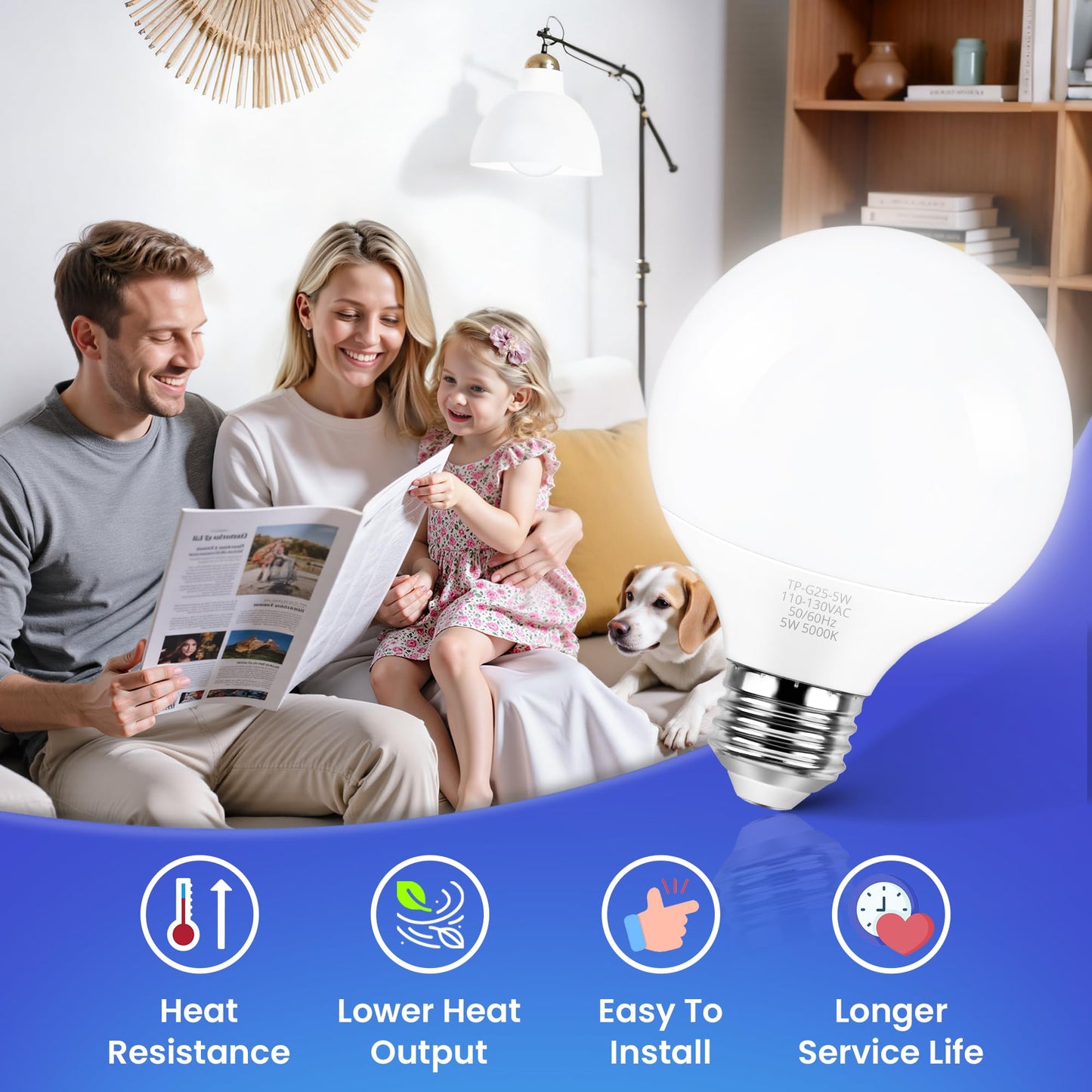 MAXvolador G25 LED Globe Light Bulbs 60W Equivalent, Daylight White 5000K Bathroom Vanity Round Bulb, 500LM E26 LED for Makeup Mirror, Non-Dimmable 4 Pack