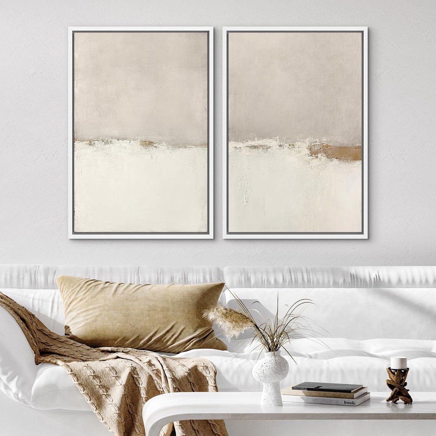 SIGNWIN Framed Canvas Print Wall Art Beige Gray Paint Strokes Abstract Grunge Landscape Prints Modern Art Minimalist Neutral Decor for Living Room, Bedroom, Office - 16"x24"x2 White