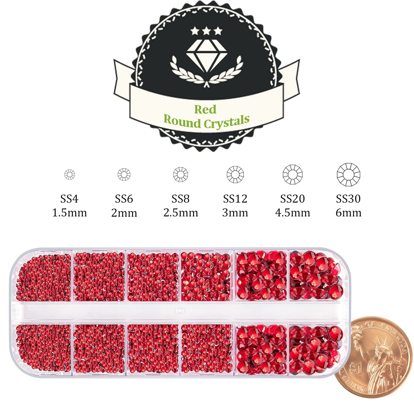 One Pack 2000 Pcs of Flatback Round Red Rhinestones 6 Sizes (1.5-6 mm) with Nail Art Rhinestone Picker Pencil and Tweezers for D